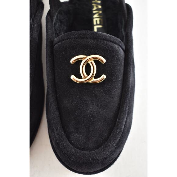 Chanel 25A Black Suede Shearling CC Moccasin Ballet Slingback Loafer Flat 36.5 - Picture 8 of 15